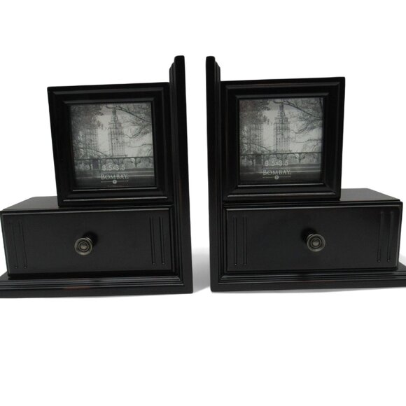 BOMBAY Photo Frame Wood BOOKENDS Set of 2 With Drawers Boxed - Picture 3 of 14